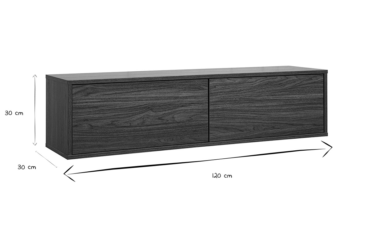 Abmessungen des schwarzen und wei�en TV-Wandm�bels: L120 cm, T30 cm, H30 cm.