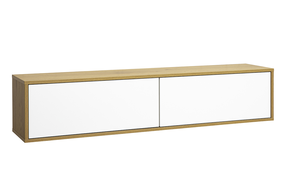 Wand-TV-M�bel FLEXO in wei�er Ausf�hrung und Eichenholz, 3/4-Ansicht.