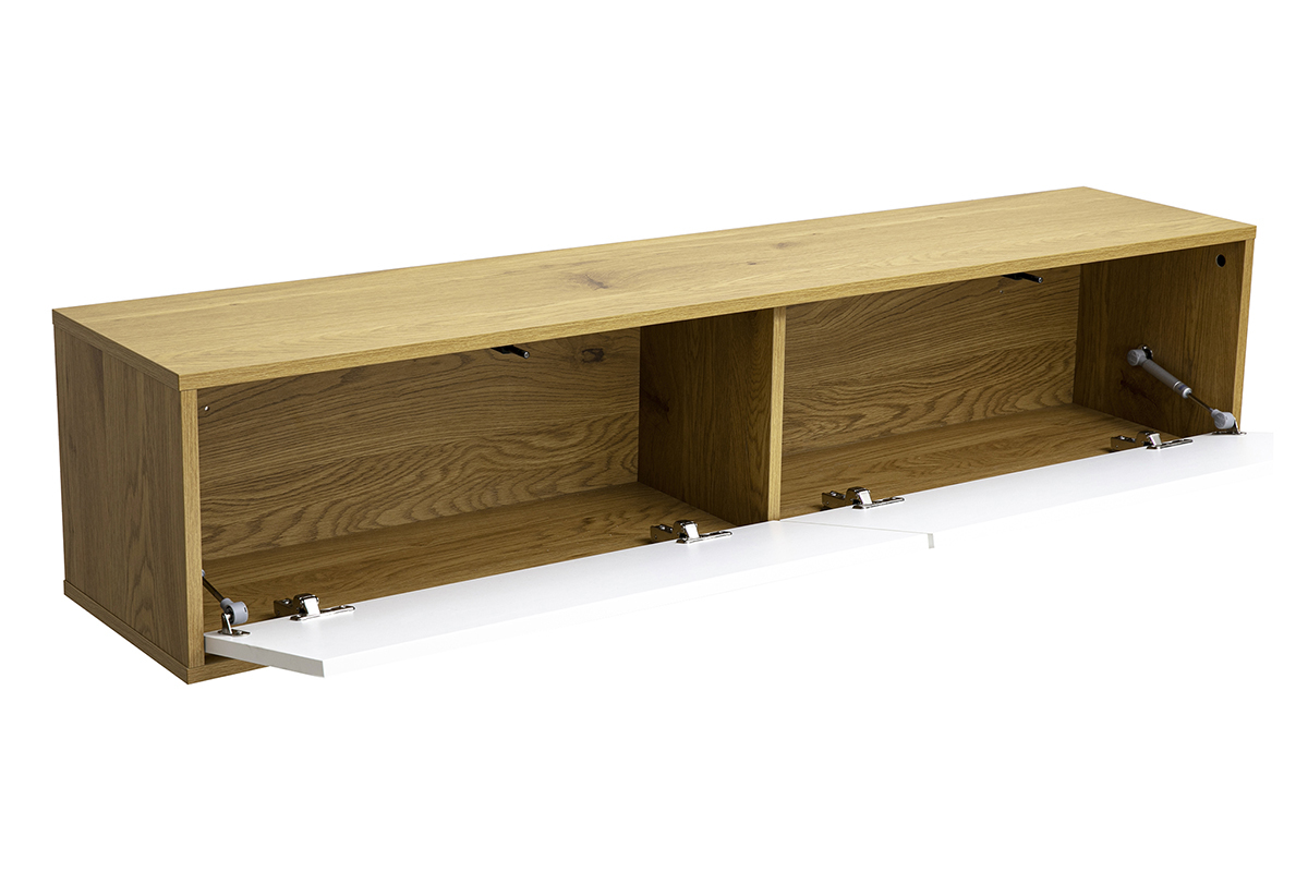 Wand-TV-M�bel in wei�er Ausf�hrung und heller Eiche, 3/4-Ansicht, 2 F�cher mit ge�ffneten T�ren.