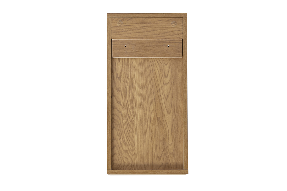 Wandaufbewahrung mit heller Eichenholzoptik, R�ckansicht, vertikales Format, Ma�e L30 x T30 x H60 cm.