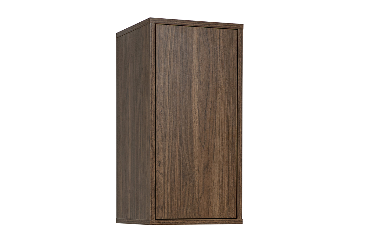 Wandaufbewahrung aus dunklem Walnussholz, 3/4-Ansicht, Ma�e B30 x T30 x H60 cm.