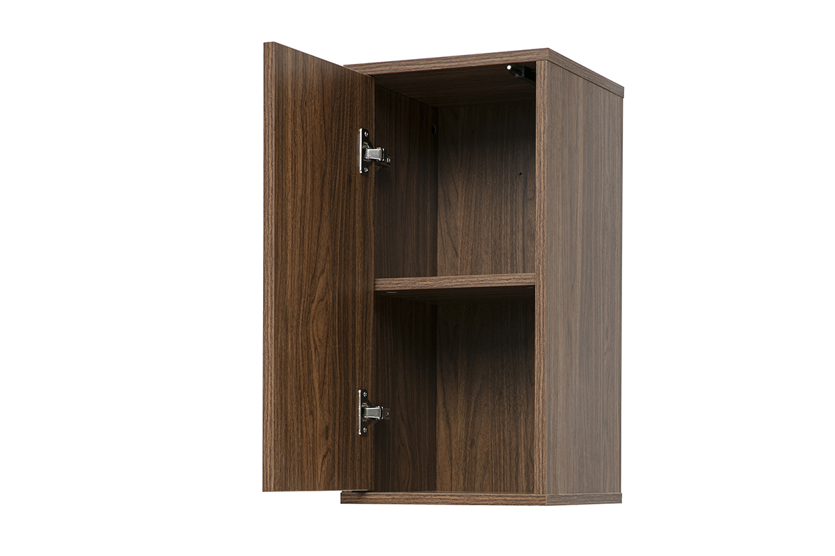 Wandregal aus dunklem Nussbaumholz, 3/4-Ansicht mit ge�ffneter T�r, zwei Innenf�cher.