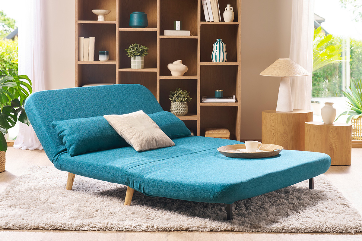Wandelbare 2-Sitzer-Bank aus enteblauem Stoff AMIKO