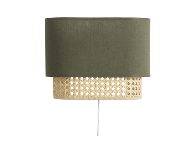 Wandleuchte aus khakigrünem Stoff und natürlichem Rattan-Rohrgeflecht H20 cm TIWY