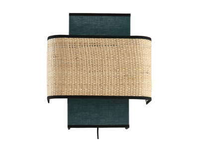 Wandleuchte aus pfauenblauem Leinen und Bast TERA