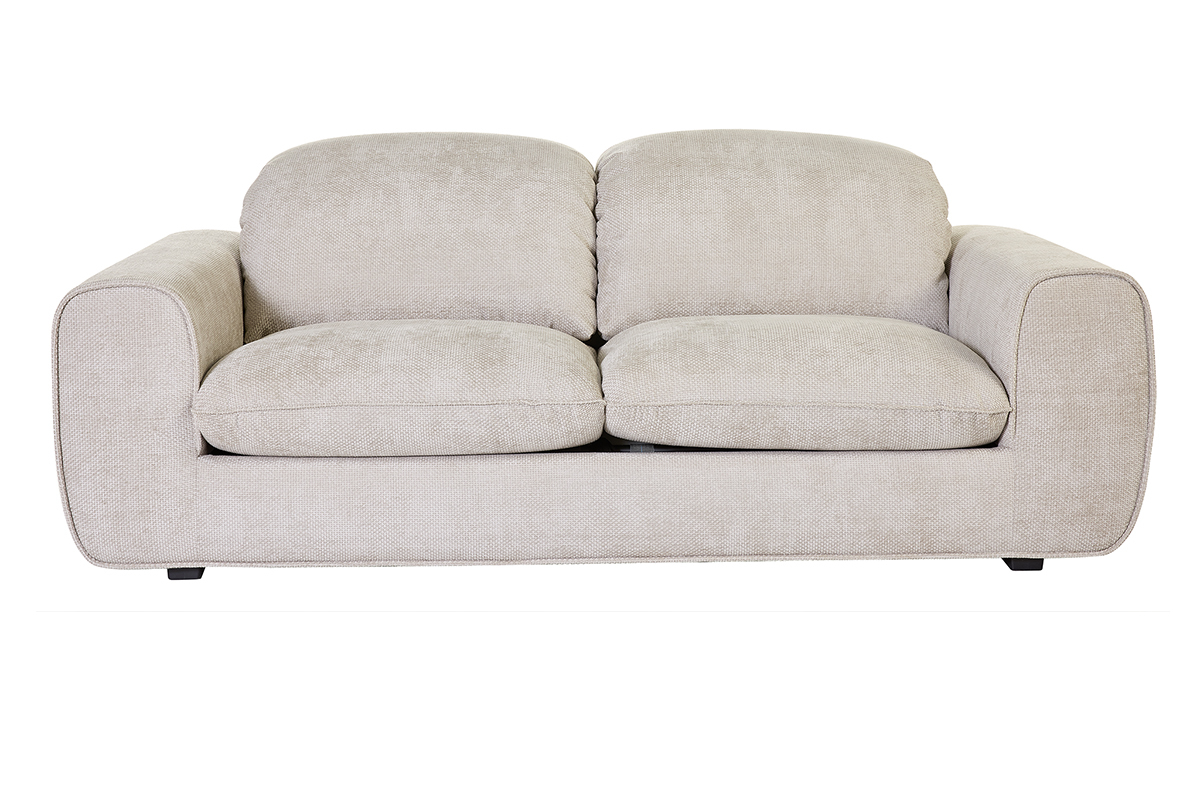 Beigefarbenes Samtstoff-Schlafsofa mit 3 Pl�tzen, Frontansicht.