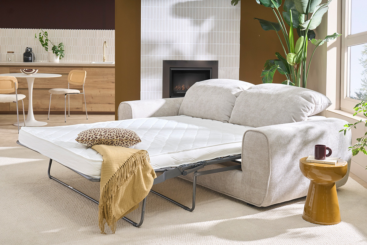 Wandlungssofa mit verstellbaren Kopfst�tzen 3-Sitzer aus chenille Samtstoff beige NOAM