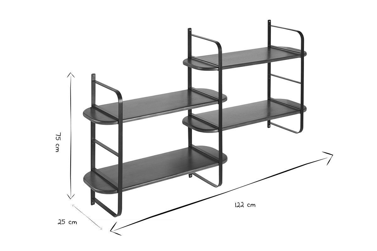 Abmessungen des Wandregals AKINA in Schwarz und Wei�: B122 cm, T25 cm, H75 cm.