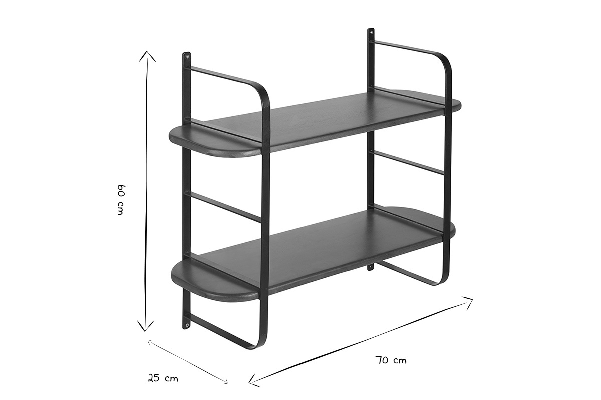 Abmessungen des Wandregals AKINA in Schwarz und Wei�, L70 x T25 x H60 cm.