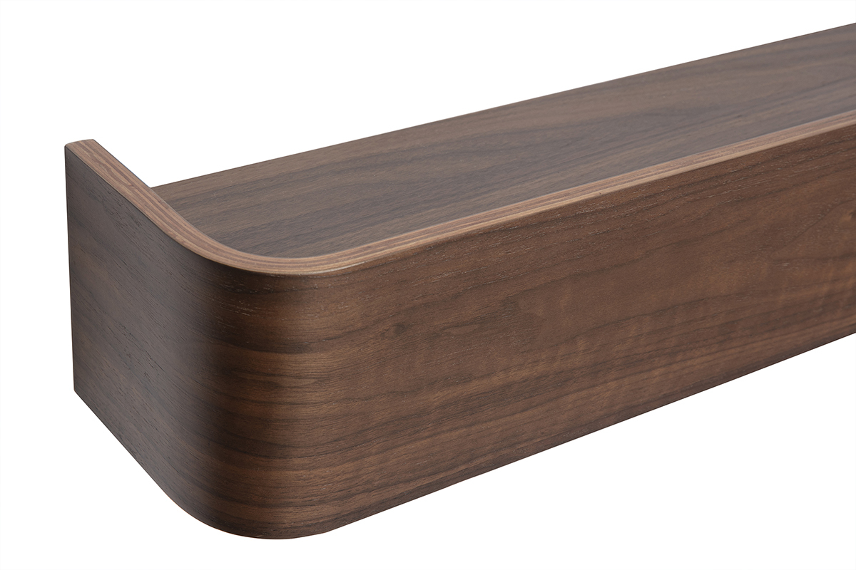 Wandregal aus dunklem Nussbaumholz mit gebogenen Kanten, seitliche Nahaufnahme.