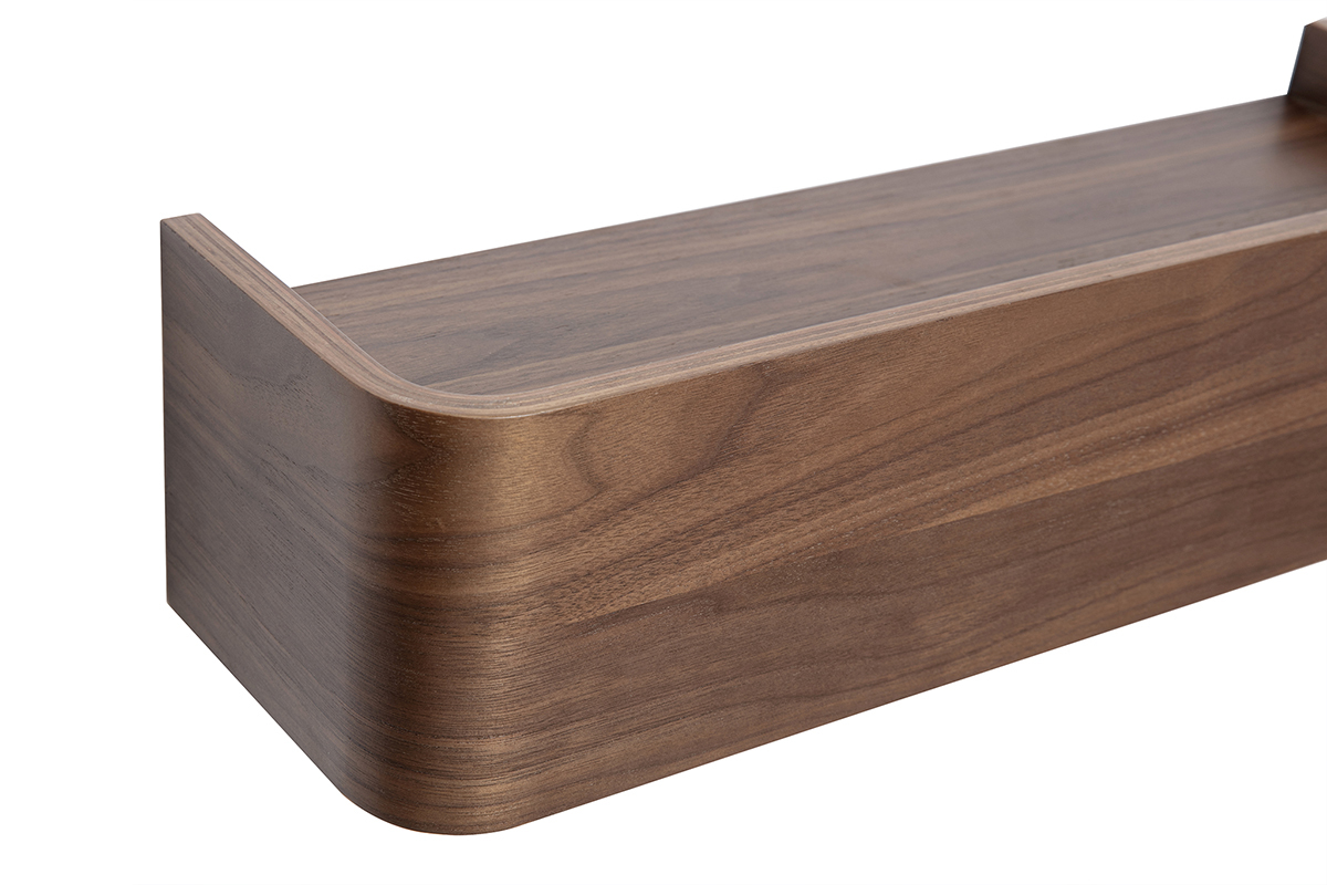 Dunkles Walnussholz Wandregal, seitliche Nahaufnahmeansicht.