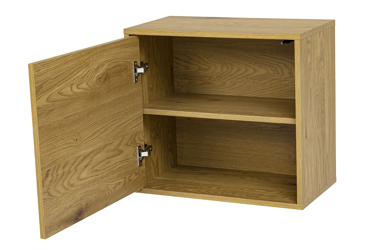 Wandregal FLEXO aus hellem Eichenholz, mit einer offenen T�r und zwei Regalen.