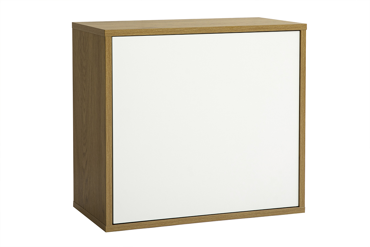Wandaufbewahrung FLEXO mit wei�er Oberfl�che und Eichenholz, 3/4-Ansicht, Ma�e L55 cm.