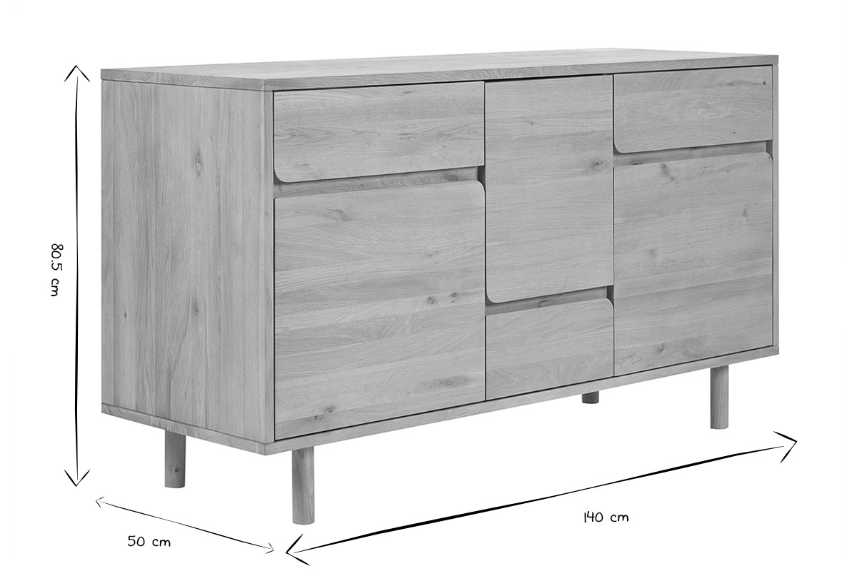Abmessungen des Badezimmerschranks aus hellem Holz, massive Eiche, 140 cm x 50 cm x 80,5 cm, schwarz und wei�.