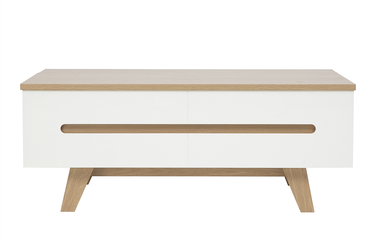 Wei�er lackierter h�henverstellbarer Couchtisch mit Tischplatte aus hellem Holz, Frontansicht