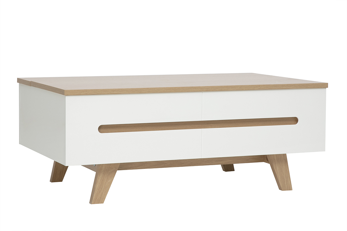 Wei�er h�henverstellbarer Couchtisch mit Lackoberfl�che und Tischplatte aus hellem Holz, Dreiviertelansicht.