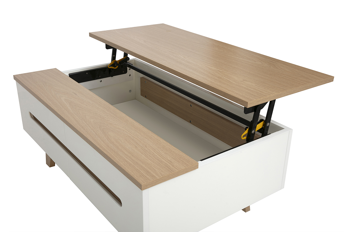 Wei�e, hochklappbare, lackierte Couchtisch mit hellen Holzplatte, Draufsicht, offenes Stauraumfach.