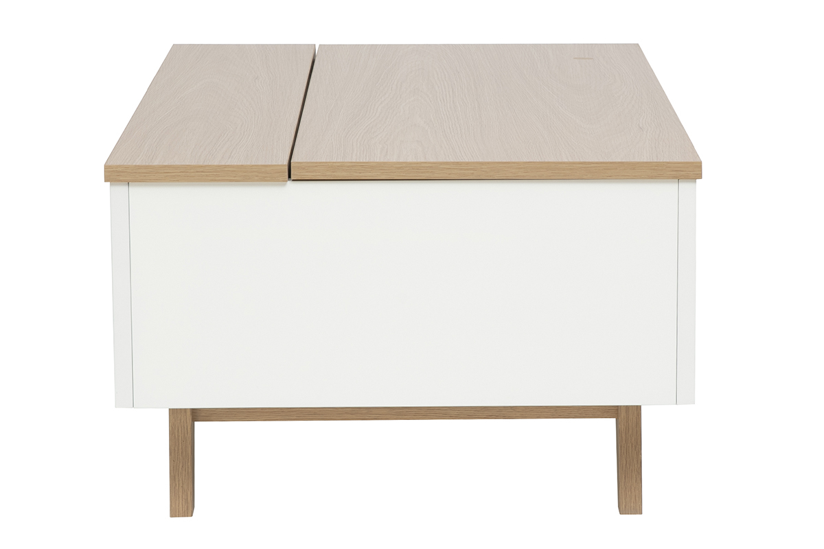 Wei�er hochklappbarer Lack-Couchtisch mit heller Holzplatte, Seitenansicht.