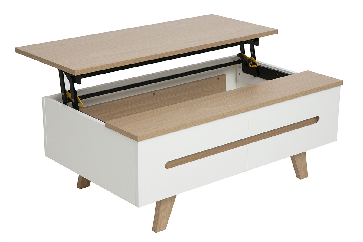 Wei�er Couchtisch mit lackierter Oberfl�che und heller Holzplatte, in Dreiviertelansicht, mit offenem integriertem Stauraum.