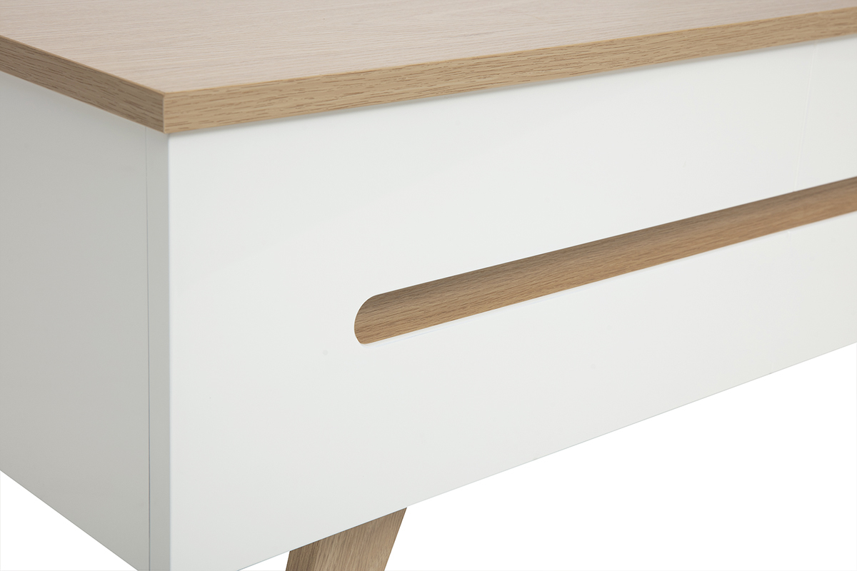 Wei�er lackierter h�henverstellbarer Couchtisch mit heller Holzplatte, Detailansicht