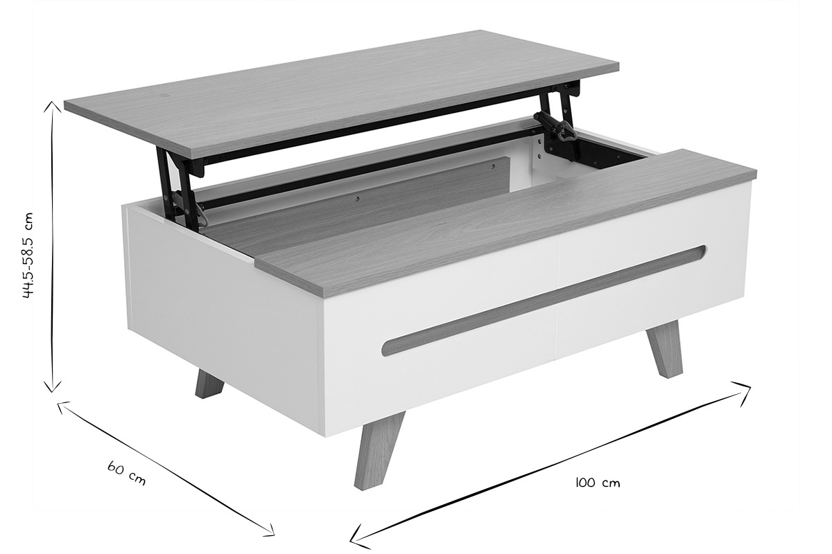 Wei� hochglanzlackierter, ausziehbarer Couchtisch mit heller Holzoptik L100 cm MELKA