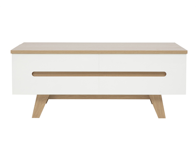 Wei&szlig; hochglanzlackierter, ausziehbarer Couchtisch mit heller Holzoptik L100 cm MELKA
