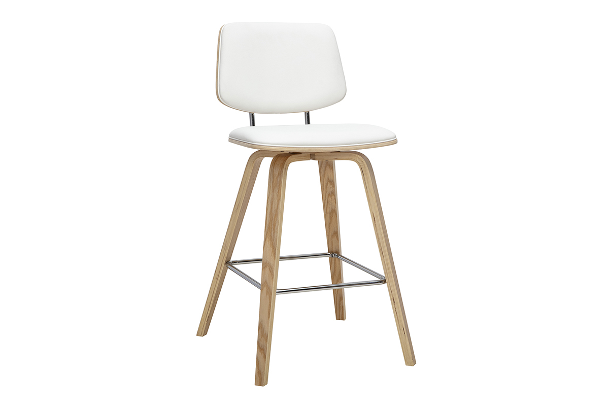 Wei�er Barhocker mit Sitzfl�che aus Polyurethan und Beinen aus hellem Holz, 3/4-Ansicht.