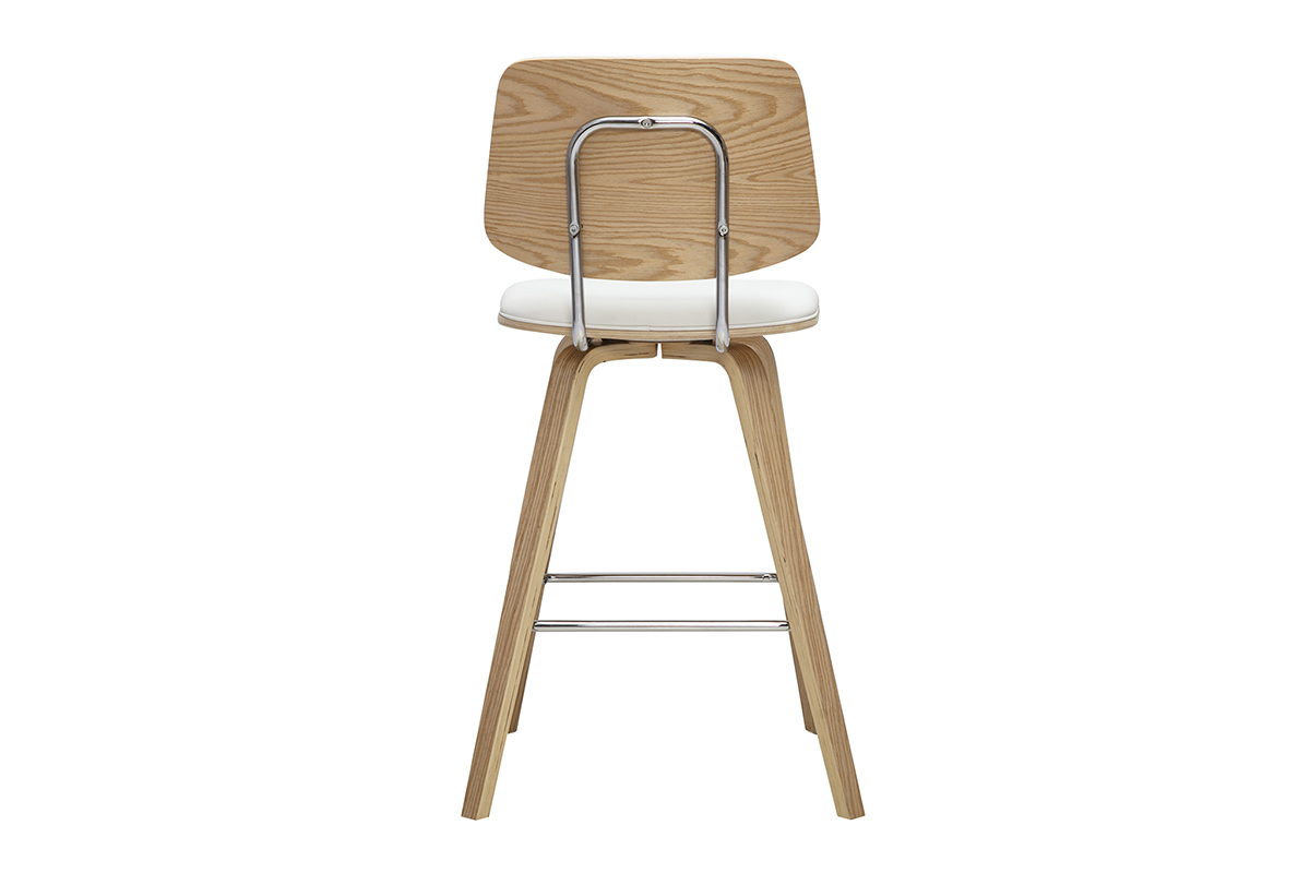 Wei�er Barhocker aus hellem Holz, R�ckansicht, mit verchromter Metallstruktur.