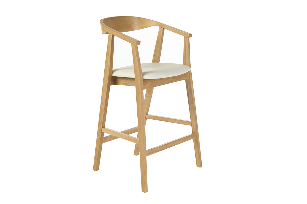 Skandinavischer Barhocker in Wei� und hellem Holz, 3/4-Ansicht, H�he H66,5 cm.