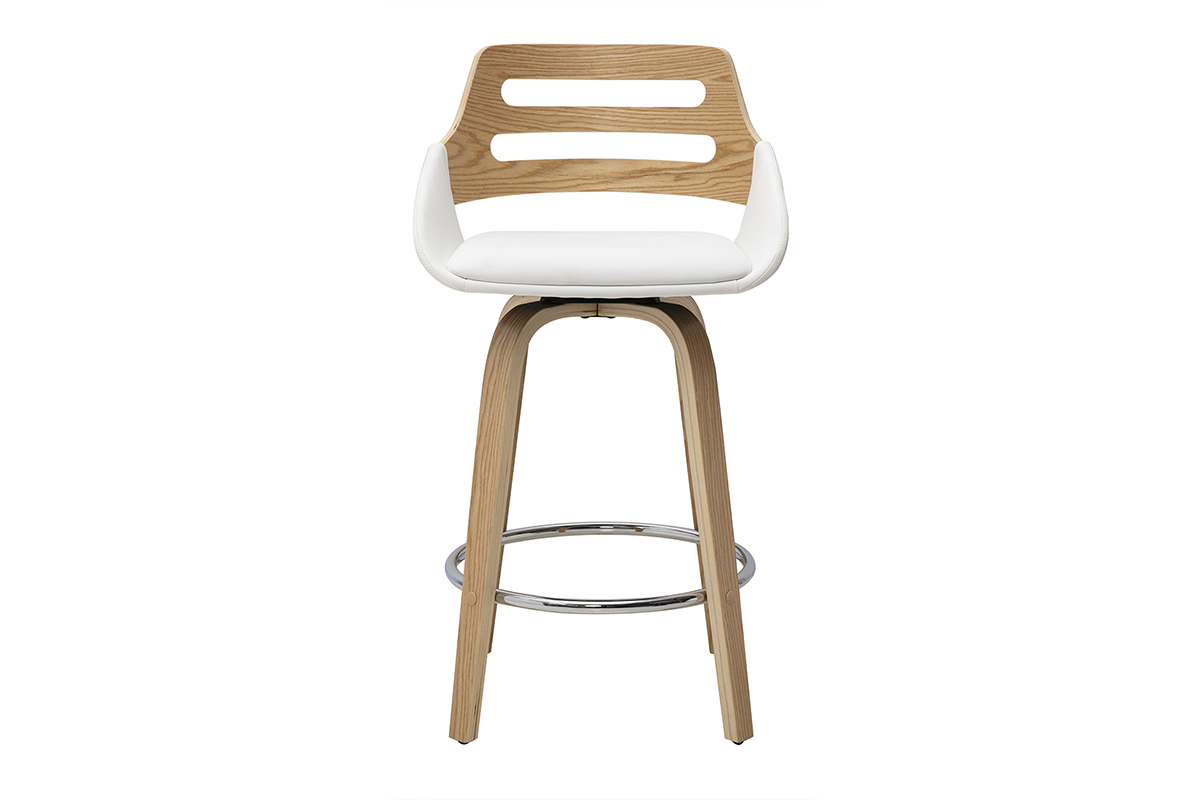 Drehbarer skandinavischer Barhocker in Wei� und hellem Holz, Vorderansicht, H�he 65,5 cm.