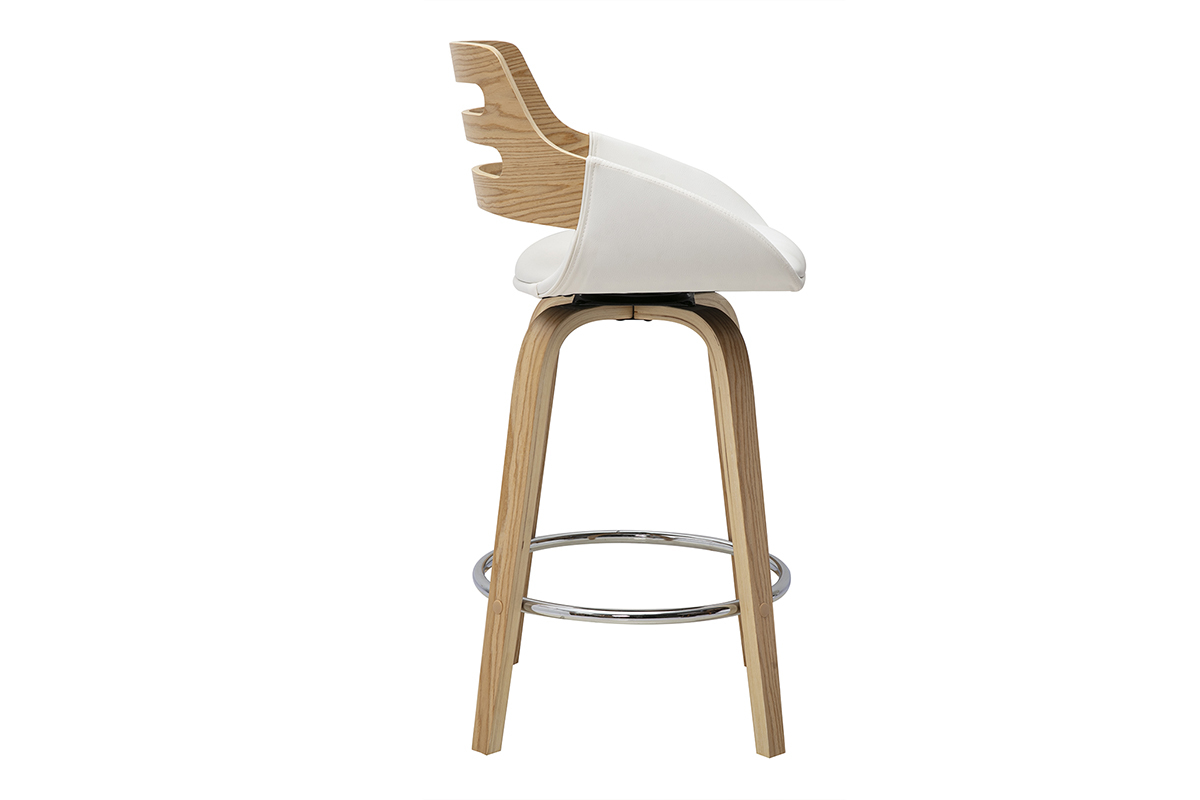 Skandinavischer Barhocker in Wei� und hellem Holz in Seitenansicht, H�he 65,5 cm, mit drehbarer Sitzfl�che.