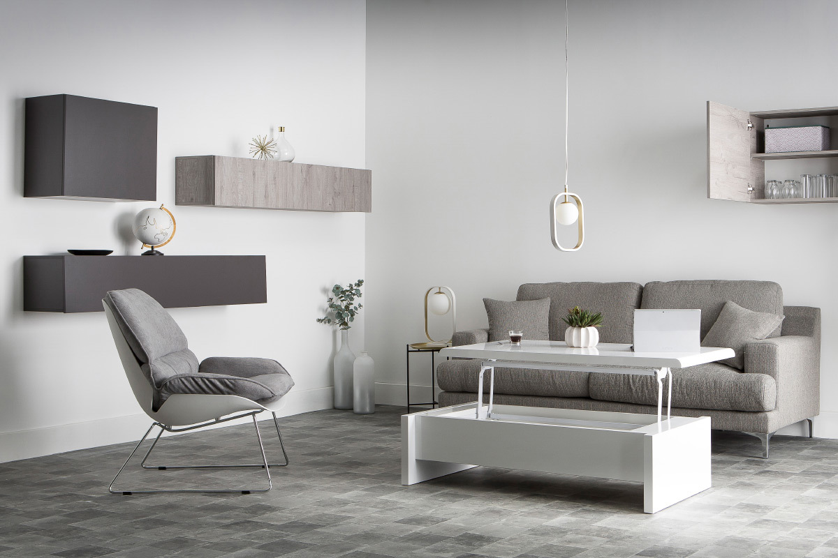 Wei�er Design-Couchtisch LOLA, h�henverstellbar mit Stauraum