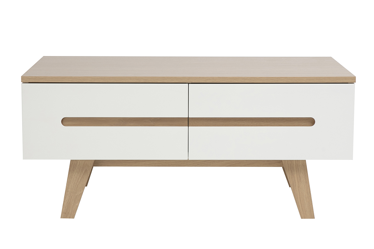 Wei�er lackierter MELKA Couchtisch mit heller Holzoberfl�che, 4 Schubladen, Frontansicht.