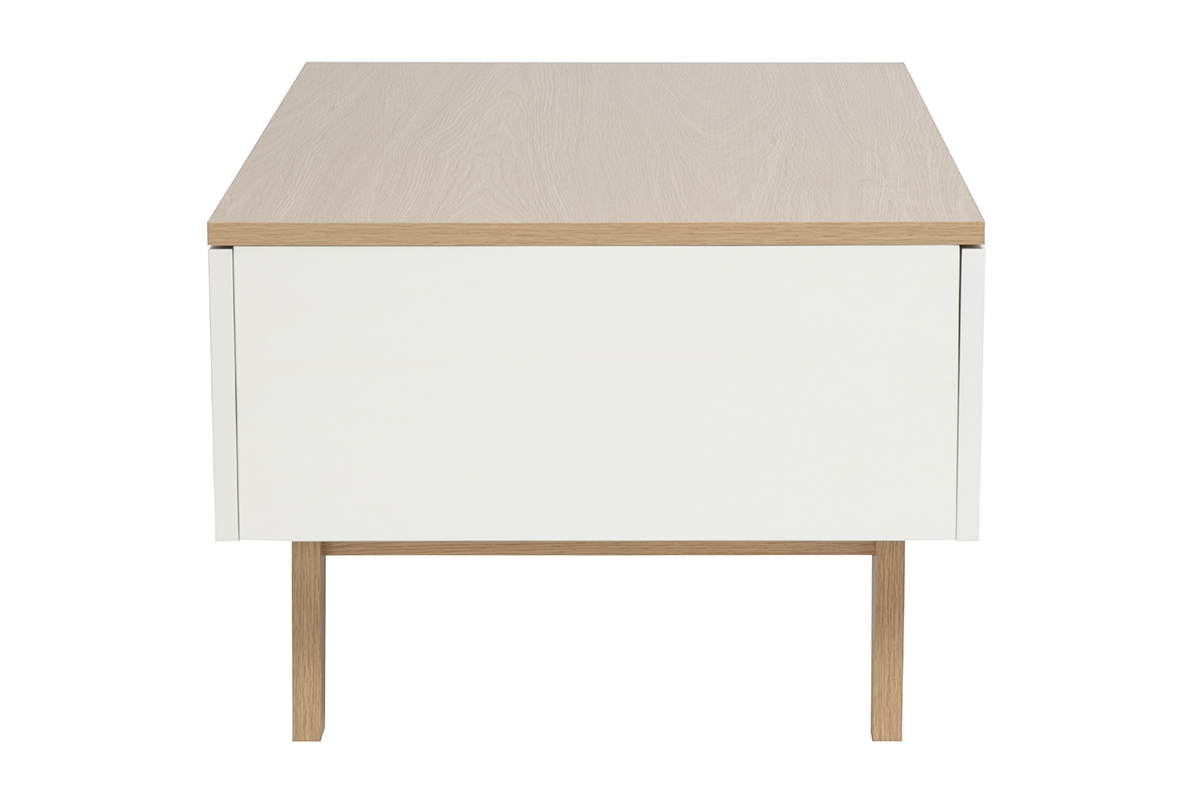 Wei�er hochgl�nzend lackierter Couchtisch mit hellbrauner Holzplatte und vier Schubladen, Seitenansicht.