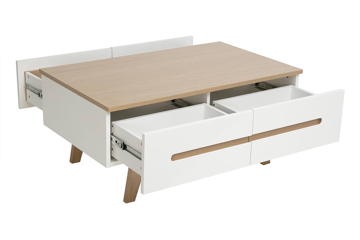 Rechteckiger wei� lackierter Couchtisch mit Hochglanzoberfl�che, heller Holzoptik und 4 Schubladen, 3/4-Ansicht.