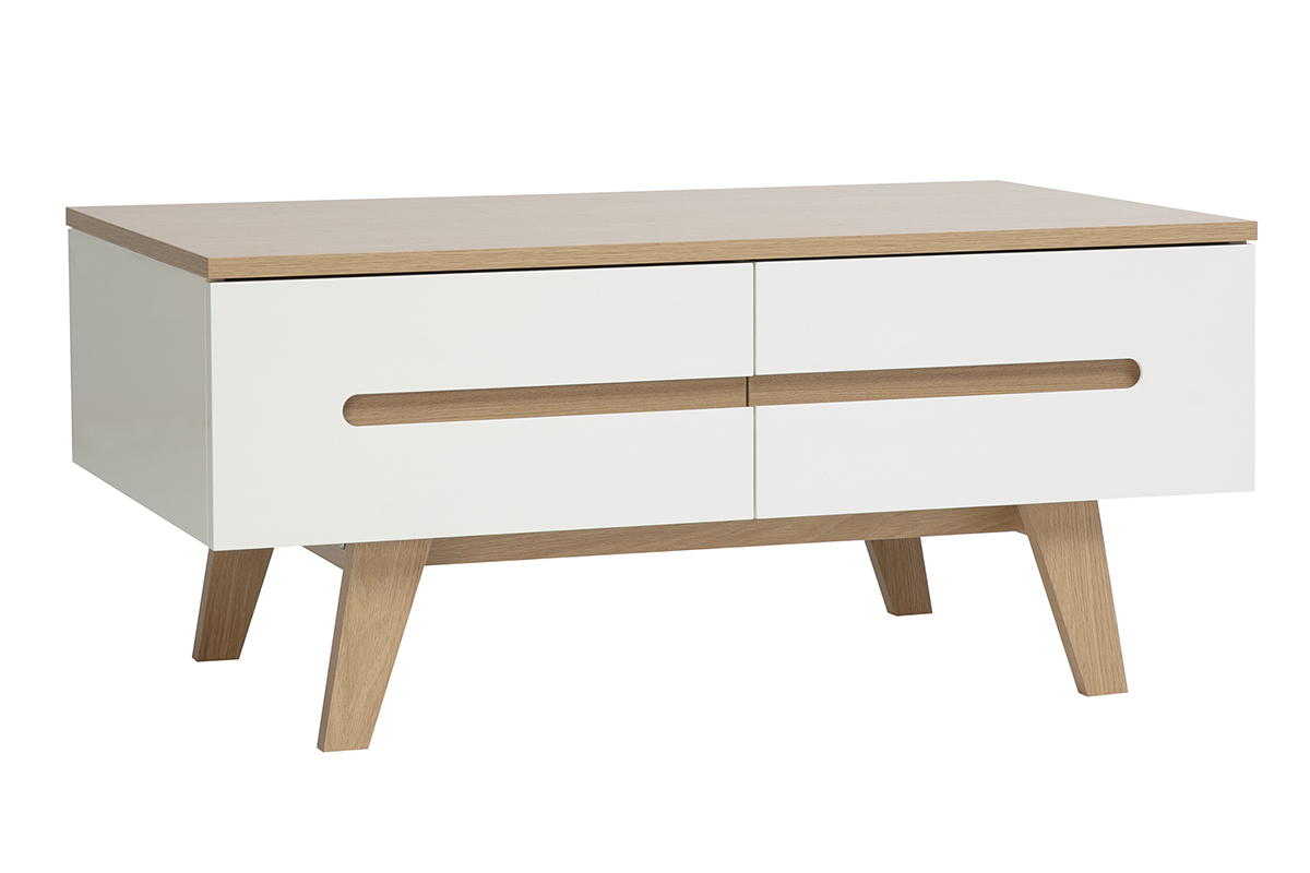 Wei�er lackierter Couchtisch mit heller Holzoberfl�che, vier Schubladen, 3/4-Ansicht.