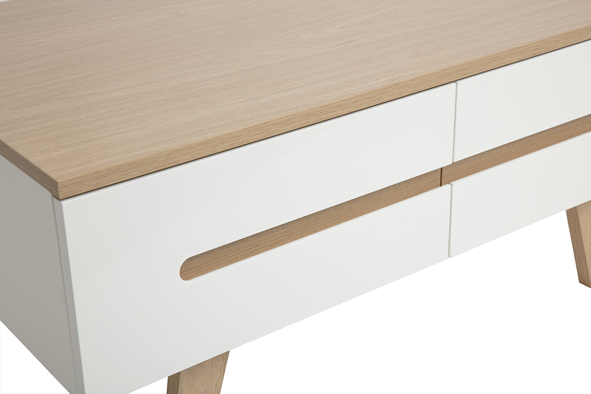 Wei�er lackierter Couchtisch mit hellem Holzplatte und vier Schubladen, Detailansicht