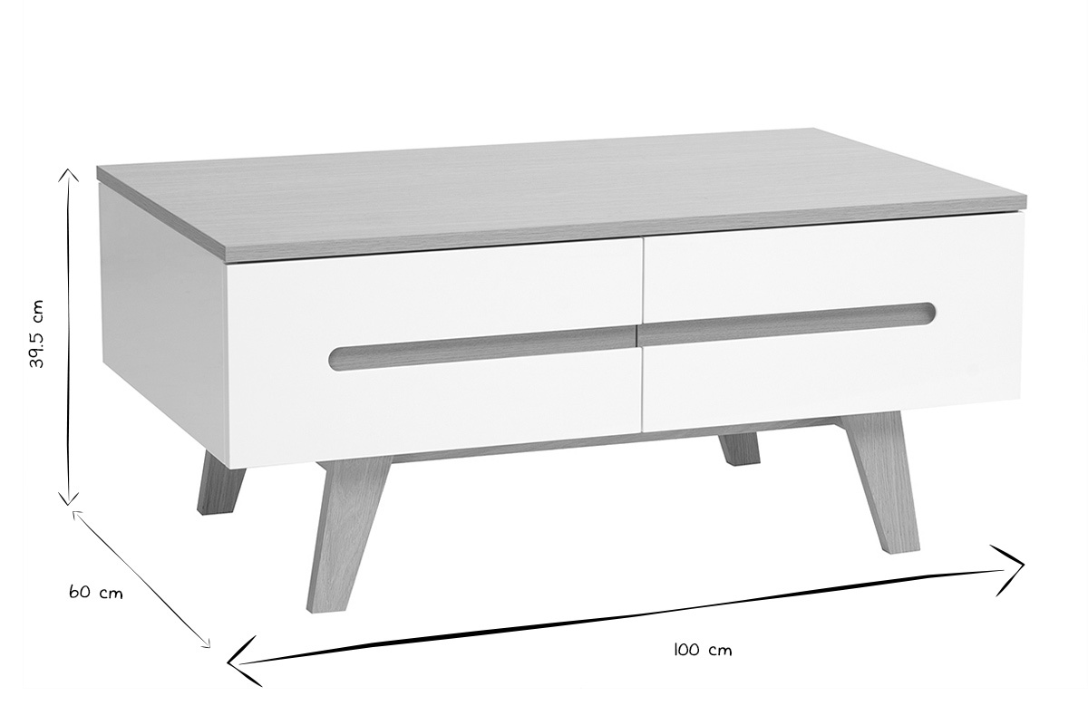 Couchtisch MELKA von vorne mit Ma�en in Schwarzwei�: B100 x T60 x H39,5 cm.