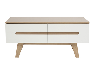Wei&szlig;er, gl&auml;nzend lackierter Couchtisch mit hellem Holzfinish, 4 Schubladen, L100 cm MELKA