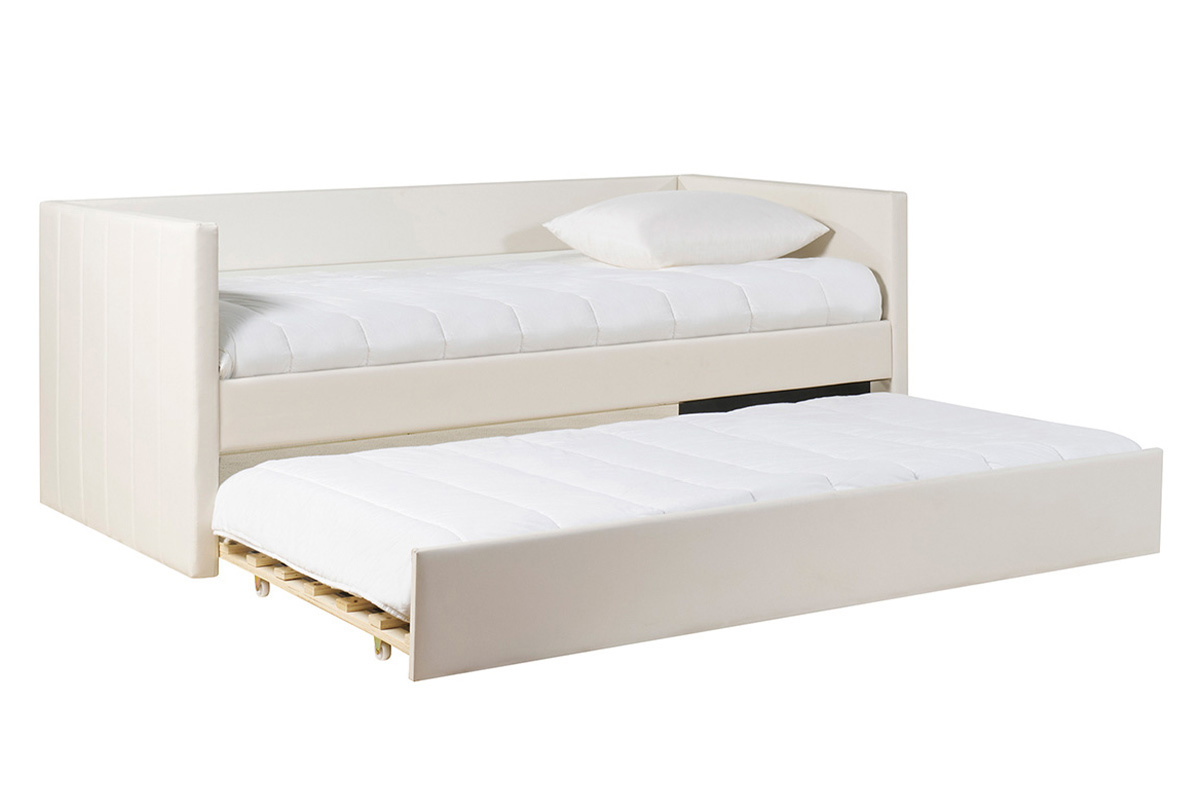 Ausziehbares Bett wei 90x190 cm mit ausgezogenem zweiten Bettkasten, Dreiviertelansicht.