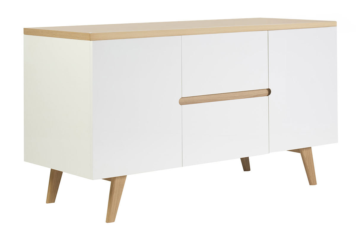 Weiss lackiertes, gl�nzendes Badezimmerm�bel und helles Holz L140 cm MELKA