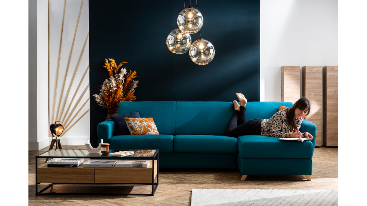 Wende- und konvertierbares Ecksofa mit Kommode in Entenblau GRAHAM