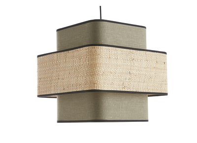 Würfelförmige Pendelleuchte aus khakifarbenem Leinen und naturfarbenem Bast L35 cm TERA