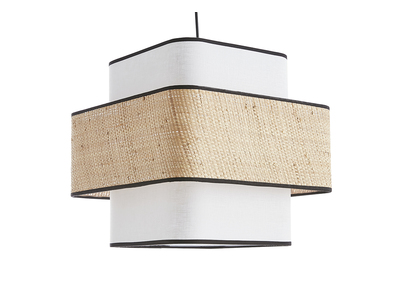 Würfelförmige Pendelleuchte aus weißem Leinen und naturfarbenem Bast L35 cm TERA