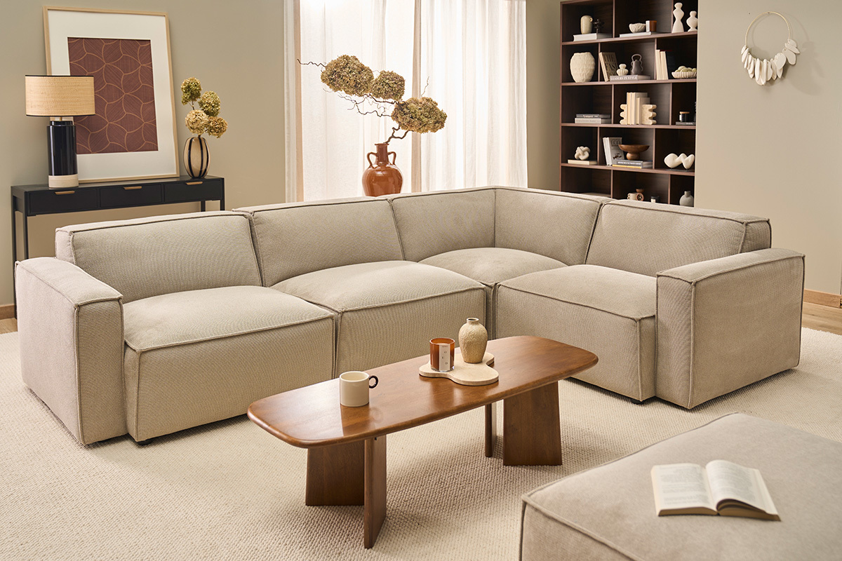 Zentrales Eckmodul f�r Sofa in beigem Samt-Effekt Stoff Texturierter SPLIT