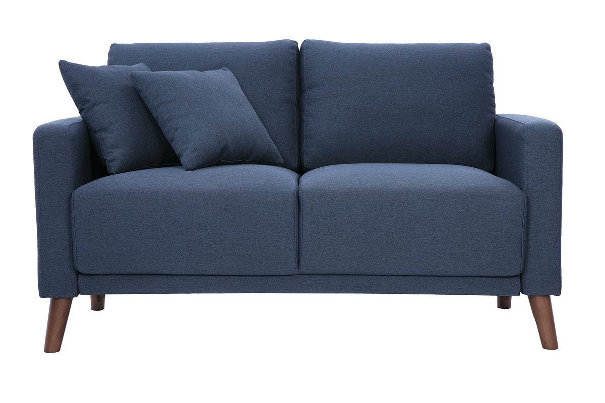 Zweier-Sofa in dunkelblauem Stoff und dunklem Holz MUNIK