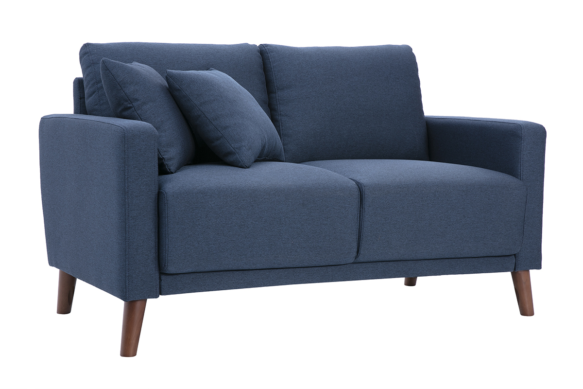 Zweier-Sofa in dunkelblauem Stoff und dunklem Holz MUNIK