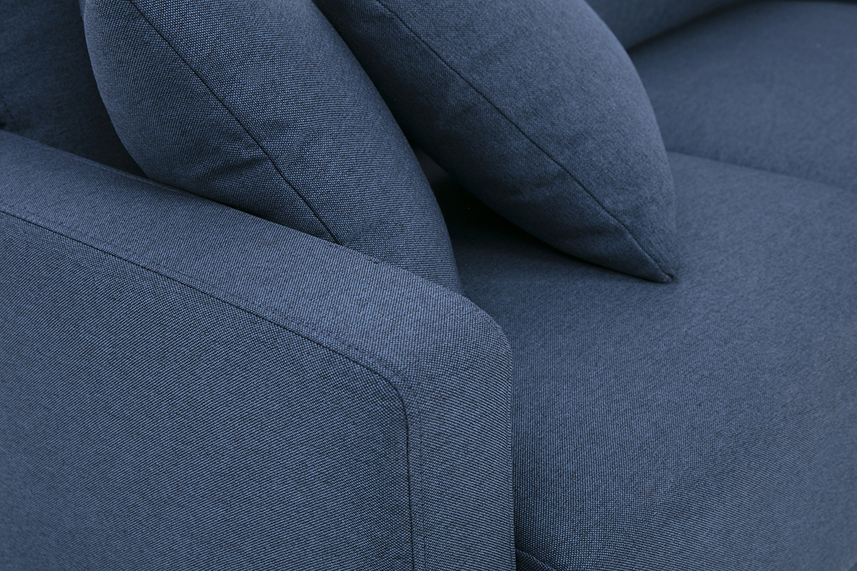 Zweier-Sofa in dunkelblauem Stoff und dunklem Holz MUNIK