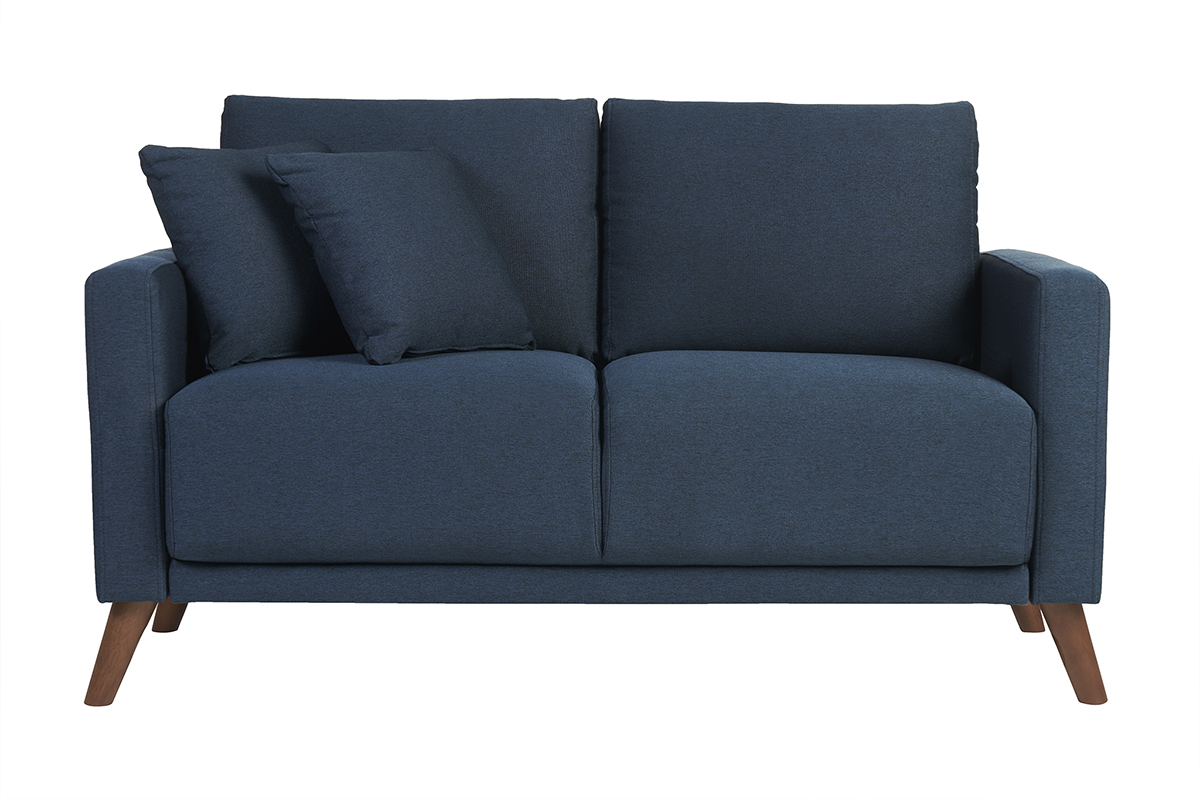Zweier-Sofa in dunkelblauem Stoff und dunklem Holz MUNIK