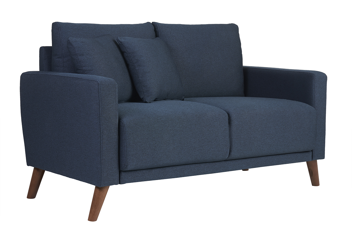 Zweier-Sofa in dunkelblauem Stoff und dunklem Holz MUNIK